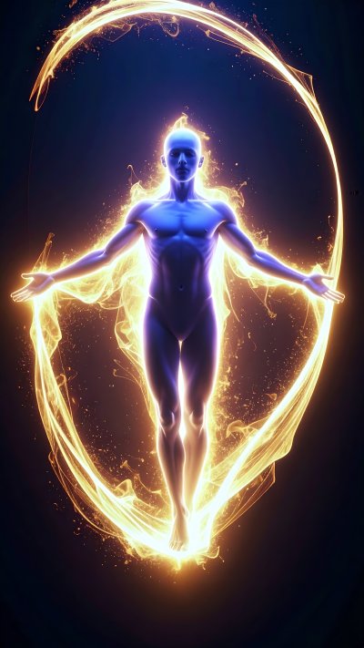 Glowing figure, golden energy, spiritual transformation