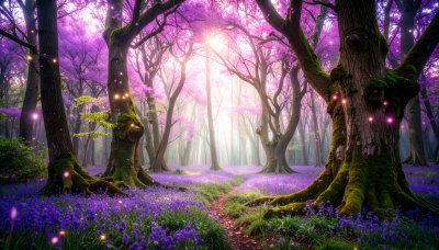 Magical purple forest with glowing orbs and bluebells