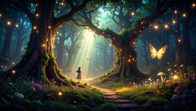Enchanted forest: girl on sunlit path, glowing mushrooms & butterflies
