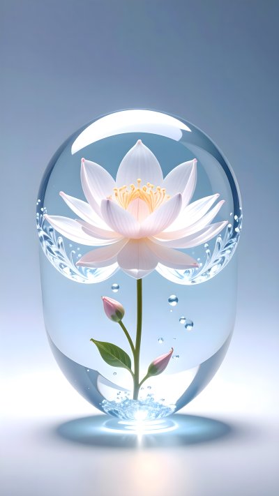 White lotus flower in glass sphere with water & light
