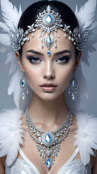 Woman with ornate silver jewel and feather headpiece and necklace