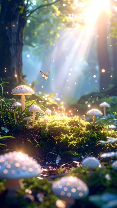 Magical forest floor with glowing mushrooms, butterfly, and sunbeams