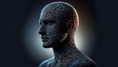 Human head formed from code, representing AI and data, cool tones.