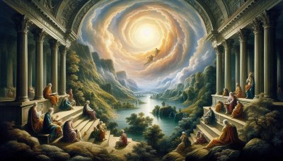 Ancient figures contemplating spiritual vortex over landscape from tem