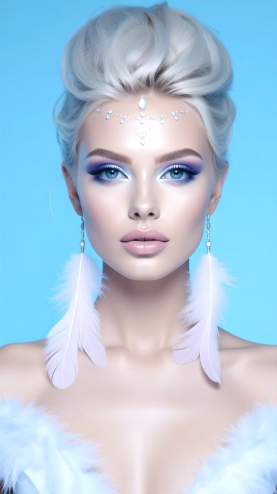 Woman with white hair, blue makeup, feathers, and crystals on blue