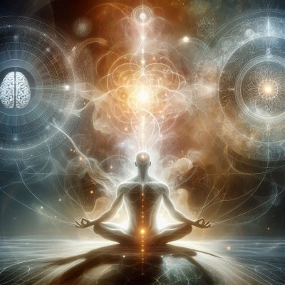 Meditating figure radiating energy with cosmic background, symbolizing