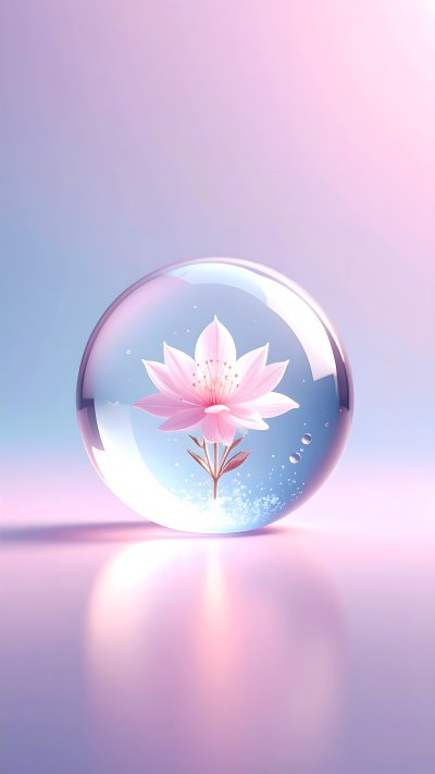 Pink lotus flower inside glass sphere on reflective surface pastel ...