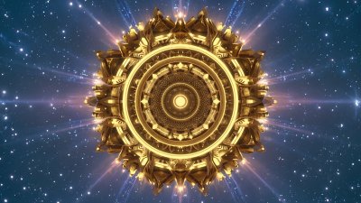 Golden mandala radiating cosmic energy in a starry sky