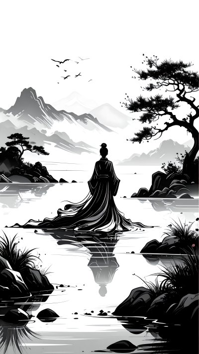 Person in traditional robe in ink painting water landscape.