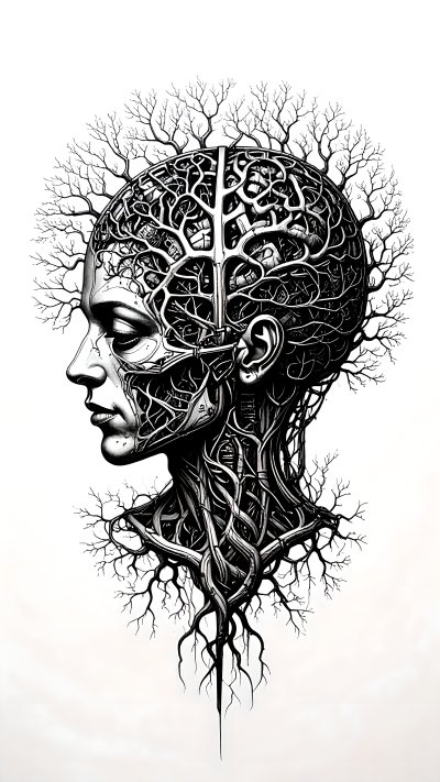 Black and white human head composed of intricate branching structures.