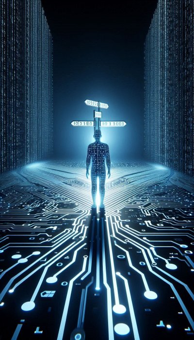 Person at binary crossroads, representing choices and data streams