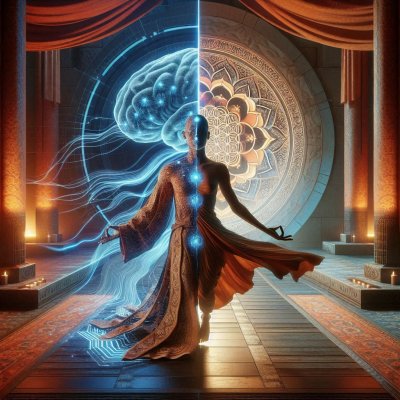 Spiritual visualization: Human form, brain, floral mandala, balance & 