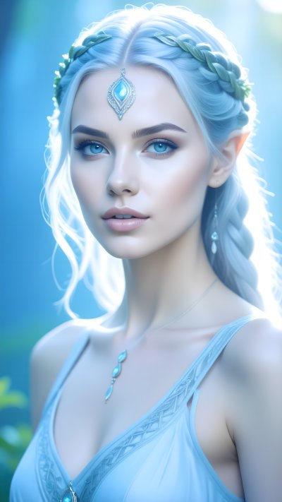 Ethereal elf woman with white hair, blue eyes, and mystical jewels