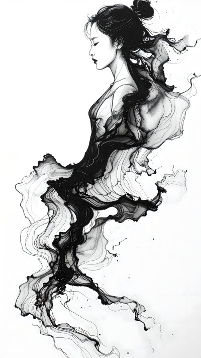 Black and white illustration of woman with flowing ink dress profile