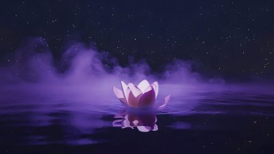 Mystical purple mist and lotus on dark water under starlit sky