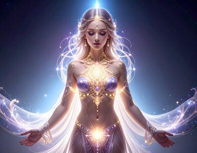 Ethereal celestial goddess radiating divine light and cosmic energy
