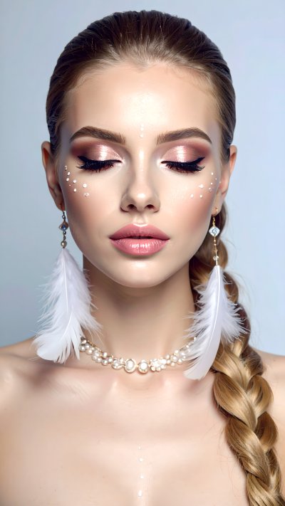 Woman with glamorous makeup, feather earrings, and pearl necklace