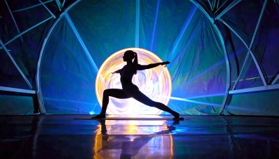 Woman in Warrior Pose with Golden Aura, Blue Geometric Background