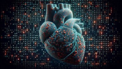 Digital binary heart with glowing connections and code