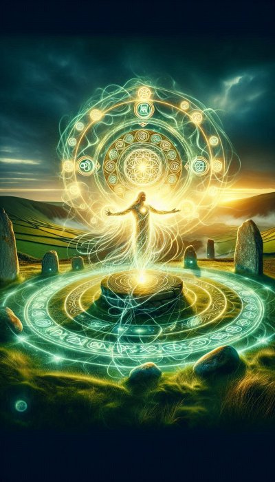 Magical ritual in ancient stone circle with glowing energy and symbols