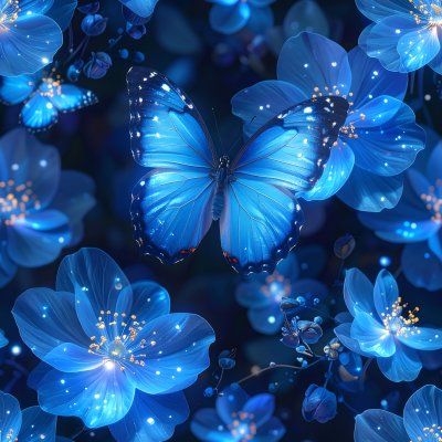 Blue butterflies and glowing flowers on dark fantasy background.