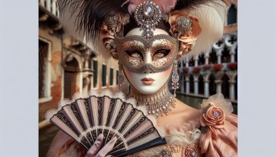 Venetian Carnival Woman in Mask and Costume with Fan