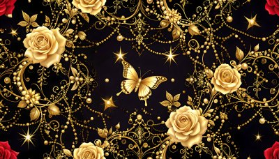 Golden floral scrollwork with roses & butterfly.