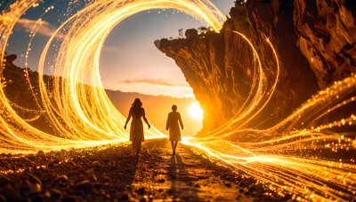 Figures walk through golden vortex at sunset, mystical journey