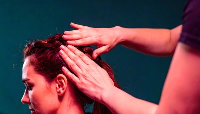 Focused moment: Hands touch hair, suggesting self-care