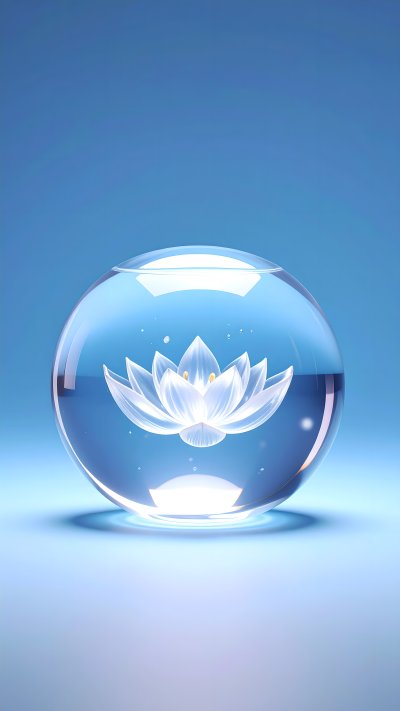 Glowing white lotus flower in clear glass sphere on blue background.