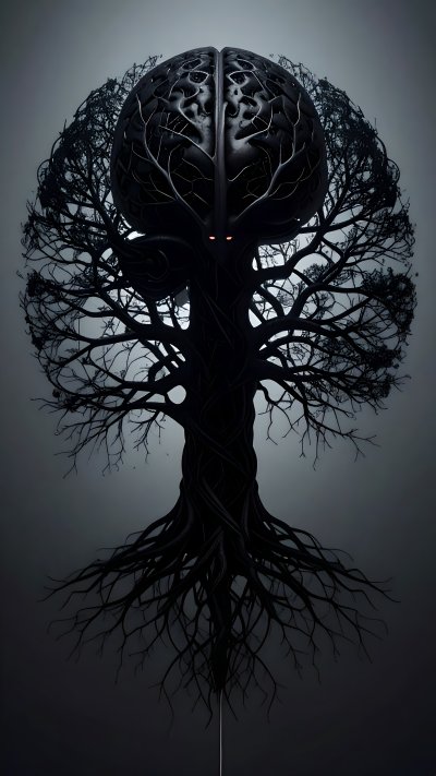 Dark tree with brain-shaped branches and glowing red eyes.