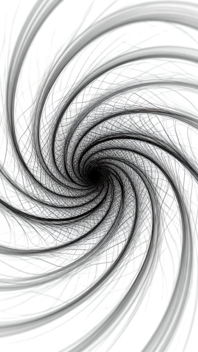 Abstract grayscale spiral vortex with interwoven grid lines on white
