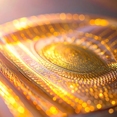 Golden abstract surface with intricate patterns and bokeh lights