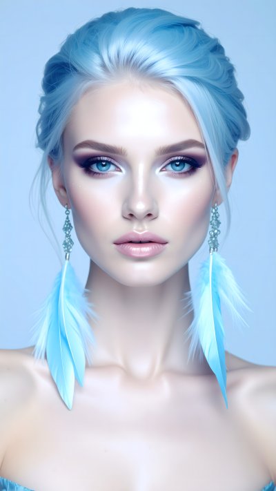 Woman with blue hair, eyes, and blue feather earrings portrait