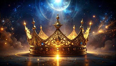 Golden royal crown under starry cosmic sky with radiant moon