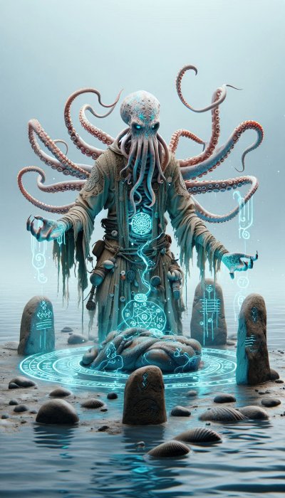 Mystical octopus creature performing ritual among glowing stones
