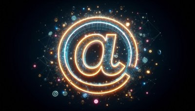 Glowing @ symbol surrounded by digital network on dark background