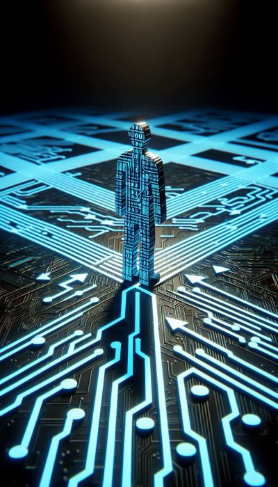 Digital human figure made of circuits on glowing tech board