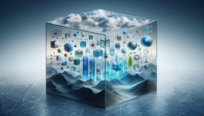 Data science concept with geometric shapes and landscapes in a transpa