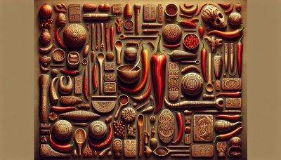 Ancient indigenous cooking tools, chili peppers, spices, and carvings.