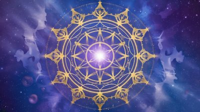 Mystical golden mandala radiating light in cosmic nebula