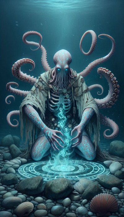 Octopus-headed figure manipulating energy in underwater setting