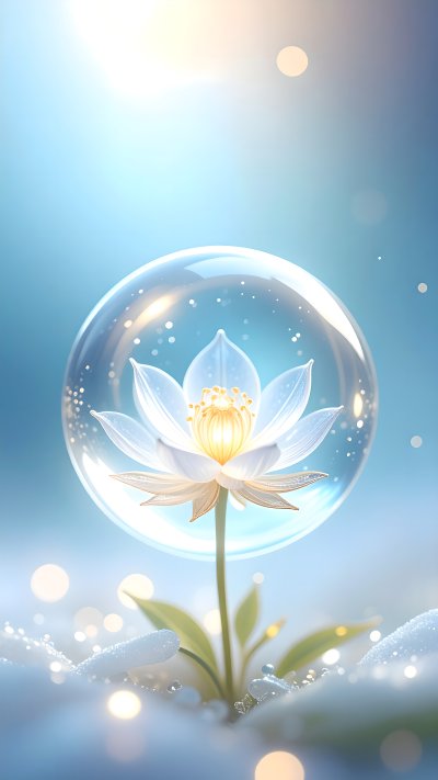 Ethereal white lotus flower in glass bubble with glowing lights