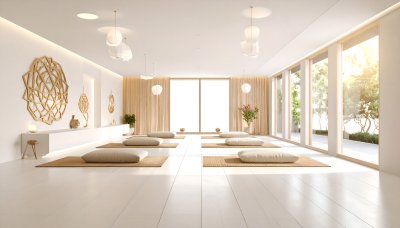 Yoga studio: natural light, cushions for peaceful wellness.