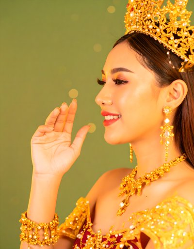 Elegant Queen in Golden Crown, Jewelry, and Regal Attire