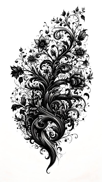 Ornate black and white swirling floral vine illustration