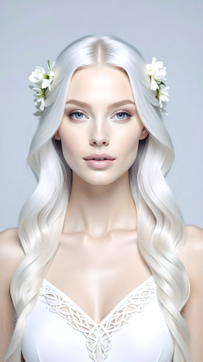 Woman with white hair and white flowers, soft makeup, blue eyes