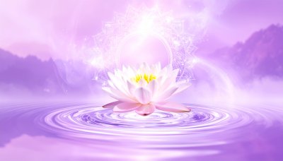 Lotus blossom in lavender pool, radiating spiritual peace