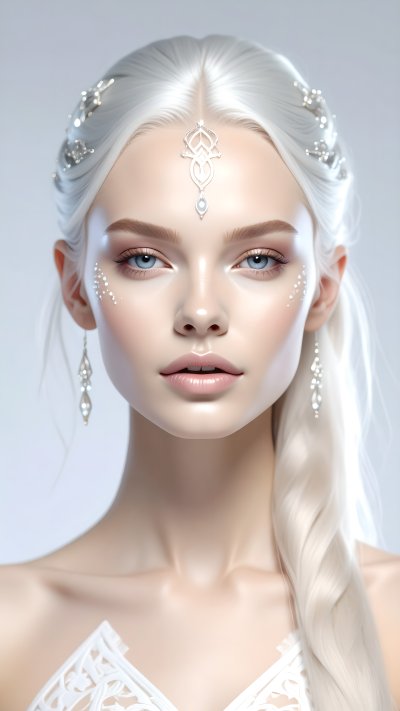 Ethereal portrait illus of woman w/ white hair & fantasy jewelry