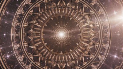 Golden mandala shines in starry cosmos, evoking wonder.